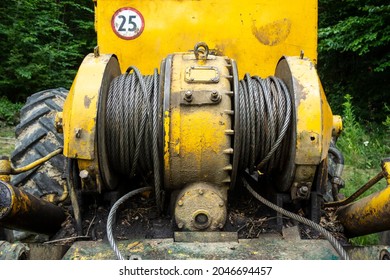 Powerful Winch On The LKT Forest Machine, Which Is Used To Pull Sawn Trees.