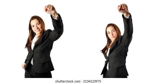 Powerful Woman Rising Her Fist.  Isolated On White Background. 40-45 Years Old Business Woman. Set Of Images, Various Poses.