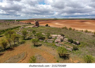 Pozaldez Castle is located in the town of Pozaldez, province of Valladolid, Castilla y Leon, Spain. Today you can still visit the few vestiges that remain (basically a part of the facade of a tower - Shutterstock ID 2152705489