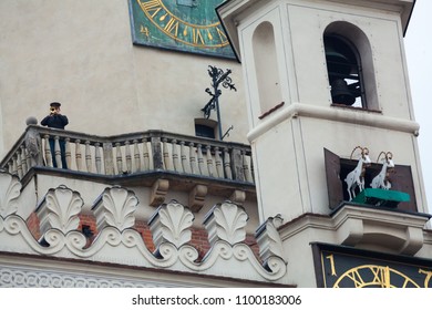 Poznan, Great Poland, Poland - May 15 2018: Bugle Call From The Poznan Town Hall At Noon