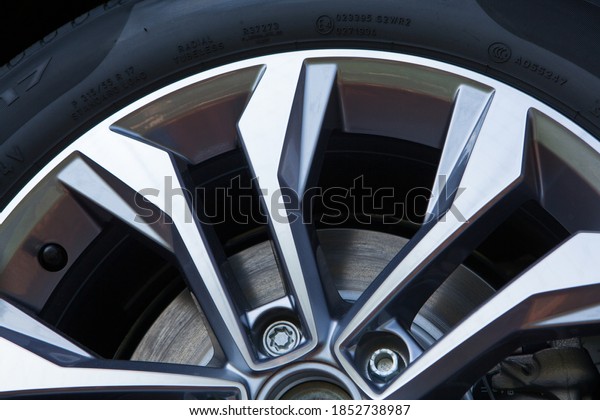 POZNAN - May 17, 2019:\
New car wheel on a car close-up. Brand new wheel and tire. Right\
from the factory.