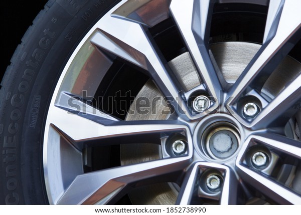 POZNAN - May 17, 2019:\
New car wheel on a car close-up. Brand new wheel and tire. Right\
from the factory.