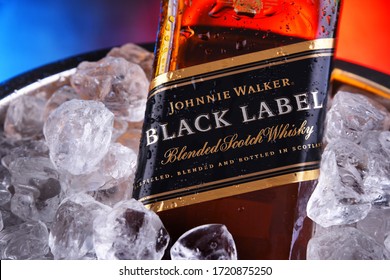 POZNAN, POL - APR 16, 2020: Bottle of Johnnie Walker Black Label in bucket with crushed ice