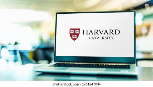 POZNAN, POL - APR 20, 2021: Laptop Computer Displaying Logo Of Harvard University, A Private Ivy League Research University In Cambridge, Massachusetts
