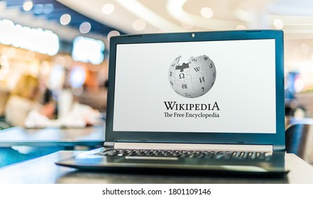 POZNAN, POL - APR 28, 2020: Laptop computer displaying logo of Wikipedia, multilingual, web-based, free encyclopedia, owned and supported by the Wikimedia Foundation, a non-profit organization