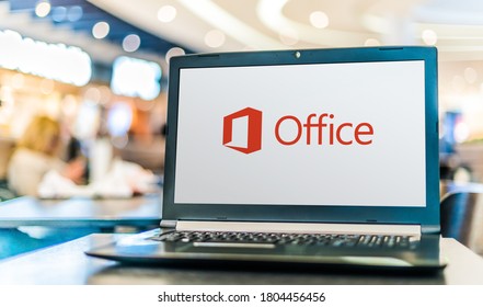 POZNAN, POL - APR 28, 2020: Laptop computer displaying logo of Microsoft Office, a family of client software, server software, and services developed by Microsoft