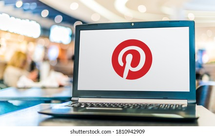 POZNAN, POL - APR 28, 2020: Laptop computer displaying logo of Pinterest, Inc, a social media web and mobile application company