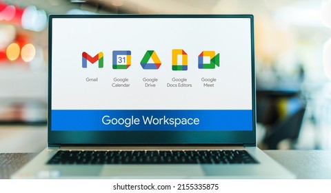 POZNAN, POL - APR 7, 2022: Laptop Computer Displaying Logo Of Google Workspace, A Collection Of Cloud Computing, Productivity And Collaboration Tools, Software And Products By Google