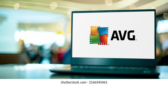 POZNAN, POL - APR 7, 2022: Laptop computer displaying logo of AVG AntiVirus, a line of antivirus software developed by AVG Technologies, a subsidiary of Avast