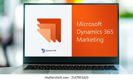 POZNAN, POL - APR 9, 2022: Laptop computer displaying logo of Microsoft Dynamics 365 Marketing