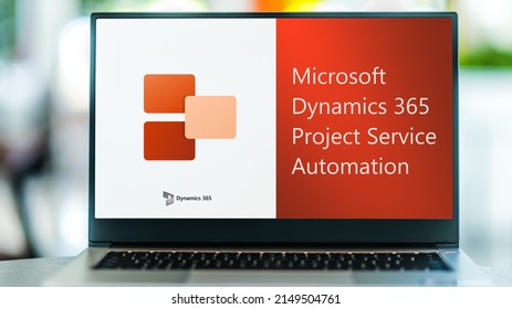 POZNAN, POL - APR 9, 2022: Laptop computer displaying logo of Microsoft Dynamics 365 Project Service Automation