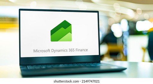 POZNAN, POL - APR 9, 2022: Laptop computer displaying logo of Microsoft Dynamics 365 Finance