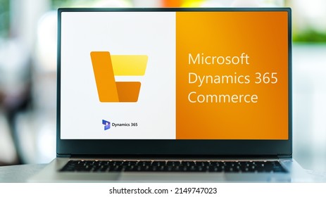 POZNAN, POL - APR 9, 2022: Laptop computer displaying logo of Microsoft Dynamics 365 Commerce