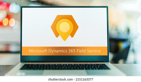 POZNAN, POL - APR 9, 2022: Laptop computer displaying logo of Microsoft Dynamics 365 Field Service