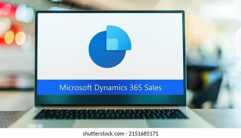 POZNAN, POL - APR 9, 2022: Laptop computer displaying logo of Microsoft Dynamics 365 Sales