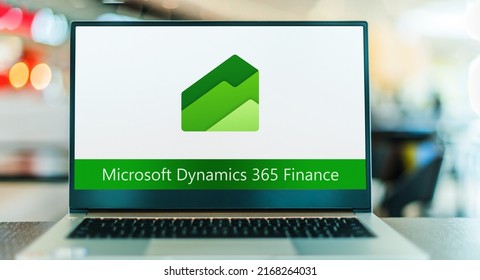 POZNAN, POL - APR 9, 2022: Laptop computer displaying logo of Microsoft Dynamics 365 Finance