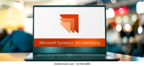 POZNAN, POL - APR 9, 2022: Laptop computer displaying logo of Microsoft Dynamics 365 Marketing