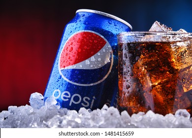 POZNAN, POL - AUG 13, 2019: A can and a glass of Pepsi, a carbonated soft drink produced and manufactured by PepsiCo. The beverage was created and developed in 1893 under the name Brad's Drink
