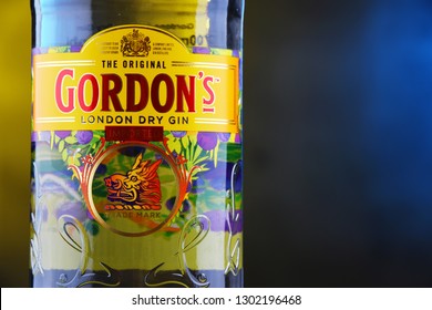POZNAN, POL - DEC 12, 2018: Bottle of Gordon's London Dry, a brand of the world's best selling London Dry gin. It is owned by the British spirits company Diageo.