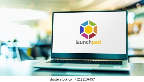 POZNAN, POL - DEC 8, 2021: Laptop computer displaying logo of Launchpad, a web application and website that allows users to develop and maintain software, particularly open-source software