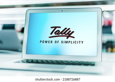 POZNAN, POL - DEC 8, 2021: Laptop computer displaying logo of Tally Solutions, an Indian multinational technology company, that provides enterprise resource planning software