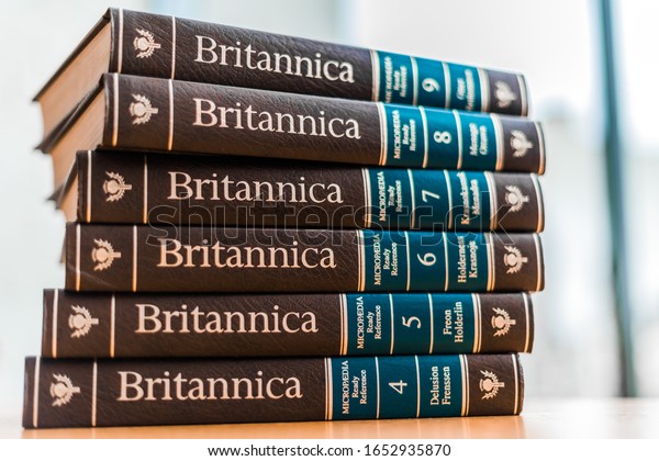 POZNAN, POL - FEB 03, 2020: Encyclopedia Britannica volumes in a public library
