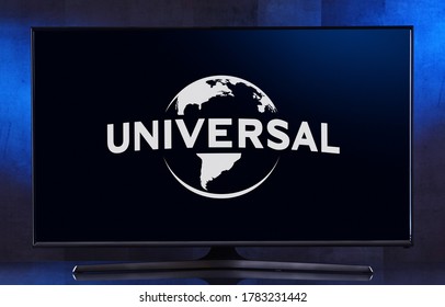POZNAN, POL - FEB 04, 2020: Flat-screen TV Set Displaying Logo Of Universal Pictures, An American Film Studio Owned By Comcast