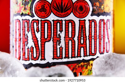 POZNAN, POL - FEB 18, 2021: Bottle of Desperados pale lager flavored with tequila, a popular beer produced by Heineken and sold in over 50 countries. 