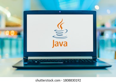 POZNAN, POL - FEB 22, 2020: Laptop Computer Displaying Logo Of Java, A General-purpose Programming Language Developed By Sun Microsystems