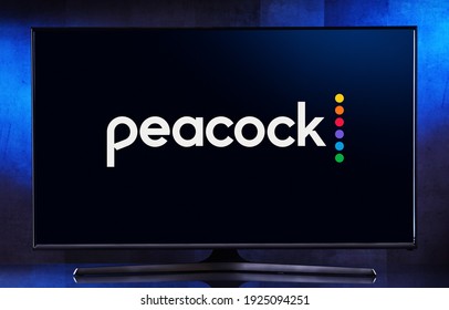 POZNAN, POL - FEB 6, 2021: Flat-screen TV set displaying logo of of Peacock, an over-the-top video streaming service owned and operated by the Television and Streaming division of NBCUniversal
