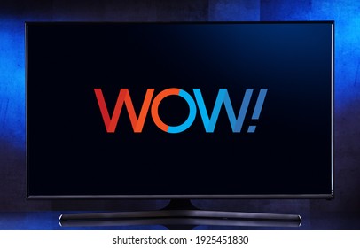 POZNAN, POL - FEB 6, 2021: Flat-screen TV Set Displaying Logo Of WideOpenWest, The Sixth Largest Cable Operator In The United States