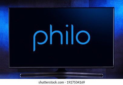 POZNAN, POL - FEB 6, 2021: Flat-screen TV set displaying logo of Philo, an internet television company currently based in San Francisco, California, that first launched at Harvard University in 2009