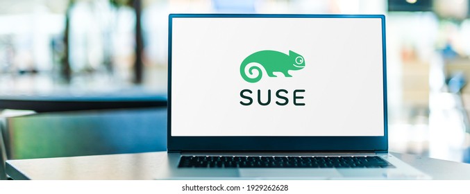 POZNAN, POL - FEB 6, 2021: Laptop Computer Displaying Logo Of SUSE, A German-based, Multinational, Open-source Software Company That Develops And Sells Linux Products To Business Customers