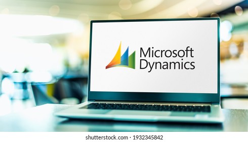 POZNAN, POL - FEB 6, 2021: Laptop computer displaying logo of Microsoft Dynamics, a line of enterprise resource planning (ERP) and customer relationship management (CRM) software applications
