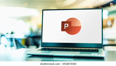 POZNAN, POL - FEB 6, 2021: Laptop computer displaying logo of Microsoft PowerPoint, a presentation program, part of the Office family software and services developed by Microsoft