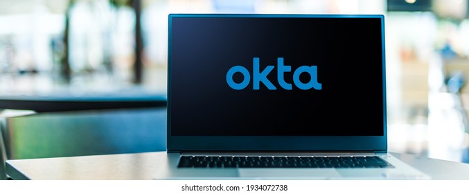 POZNAN, POL - FEB 6, 2021: Laptop computer displaying logo of Okta, a publicly traded identity and access management company based in San Francisco