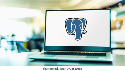 POZNAN, POL - FEB 6, 2021: Laptop computer displaying logo of PostgreSQL, a free and open-source relational database management system (RDBMS) emphasizing extensibility and SQL compliance