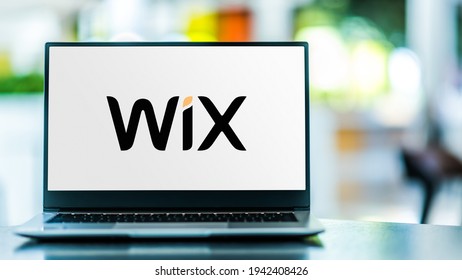 POZNAN, POL - FEB 6, 2021: Laptop computer displaying logo of Wix, an Israeli software company, providing cloud-based web development services