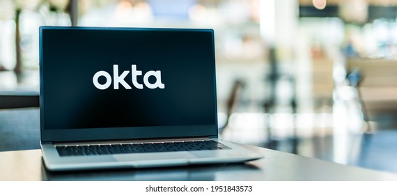 POZNAN, POL - FEB 6, 2021: Laptop computer displaying logo of Okta, a publicly traded identity and access management company based in San Francisco