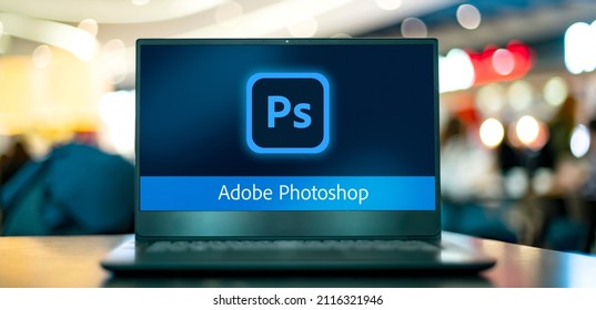 POZNAN, POL - JAN 16, 2022: Laptop Computer Displaying Logo Of Adobe Photoshop, A Raster Graphics Editor Developed And Published By Adobe Inc