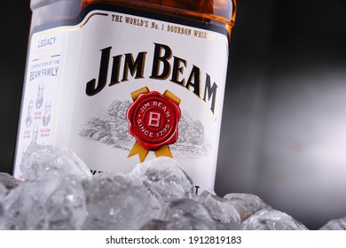 POZNAN, POL - JAN 22, 2021: Bottle of Jim Beam, one of best selling brands of bourbon in the world, produced by Beam Inc. in Clermont, Kentucky