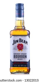 POZNAN, POL - JAN 24, 2019: Bottle of Jim Beam, one of best selling brands of bourbon in the world, produced by Beam Inc. in Clermont, Kentucky