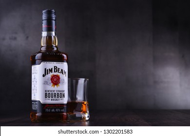 POZNAN, POL - JAN 24, 2019: Bottle of Jim Beam, one of best selling brands of bourbon in the world, produced by Beam Inc. in Clermont, Kentucky