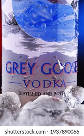 POZNAN, POL - JAN 28, 2021: Bottle Of Grey Goose, A Brand Of French Vodka Created In The 1990s By Sidney Frank, Now Owned By Bacardi