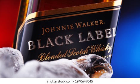 POZNAN, POL - JAN 28, 2021: Bottle of Johnnie Walker, the most widely distributed brand of blended Scotch whisky in the world with sales of over 130 million bottles a year.