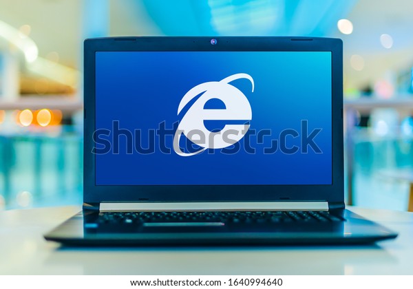 POZNAN, POL -\
JAN 30, 2020: Laptop computer displaying logo of Internet Explorer,\
a web browser developed by Microsoft and included in the Microsoft\
Windows line of operating\
systems