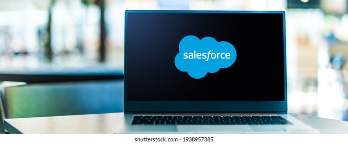 POZNAN, POL - JAN 6, 2021: Laptop computer displaying logo of Salesforce.com, an American cloud-based software company. It provides customer relationship management (CRM) service