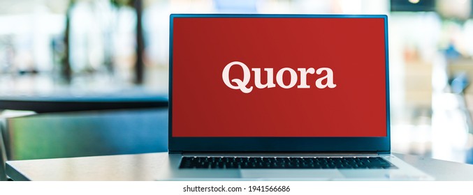 POZNAN, POL - JAN 6, 2021: Laptop computer displaying logo of Quora, an American question-and-answer website owned by Quora Inc. and based in Mountain View, California, US
