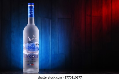 POZNAN, POL - JUL 1, 2020: Bottle Of Grey Goose, A Brand Of French Vodka Created In The 1990s By Sidney Frank, Now Owned By Bacardi