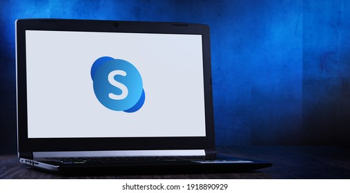 POZNAN, POL - JUL 11, 2020: Laptop computer displaying logo of Skype for Business Server, part of the Office family software and services developed by Microsoft